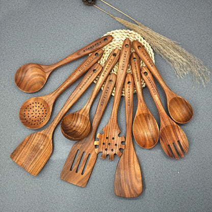 Wooden Spoons for Cooking,10 Pcs Natural Teak Wooden Kitchen Utensils Set Wooden Utensils for Cooking Wooden Cooking Utensils Wooden Spatulas for Cooking - CookCave