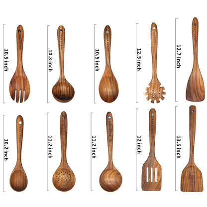 Wooden Spoons for Cooking,10 Pcs Natural Teak Wooden Kitchen Utensils Set Wooden Utensils for Cooking Wooden Cooking Utensils Wooden Spatulas for Cooking - CookCave
