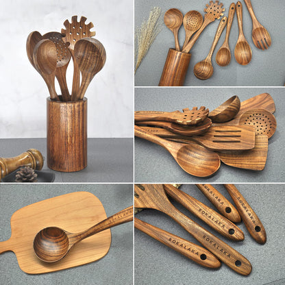 Wooden Spoons for Cooking,10 Pcs Natural Teak Wooden Kitchen Utensils Set Wooden Utensils for Cooking Wooden Cooking Utensils Wooden Spatulas for Cooking - CookCave
