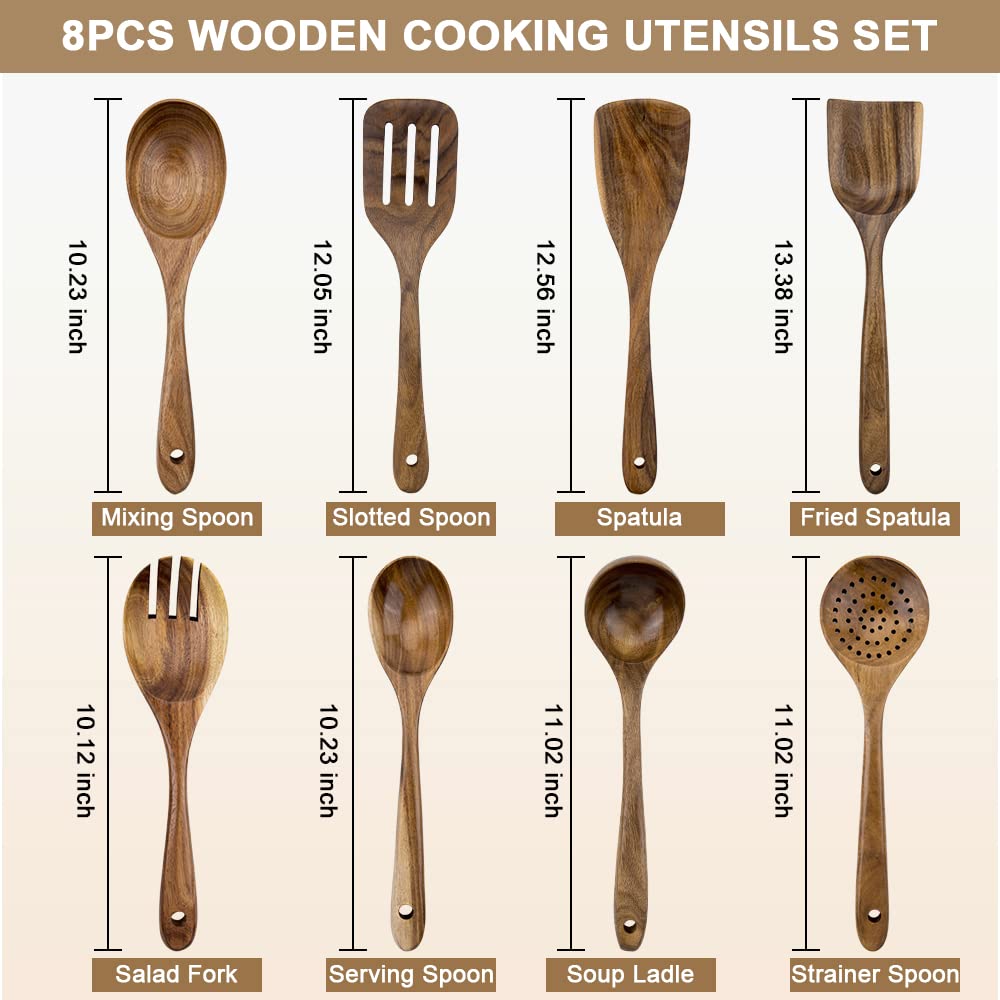 WOODME Kitchen Utensils Set 8 Piece Teak Wooden Cooking Utensil Set Non-Stick Pan Wood Spoons and Spatula Cookware for Home Everyday Use &Kitchen Tools - CookCave