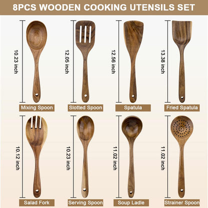 WOODME Kitchen Utensils Set 8 Piece Teak Wooden Cooking Utensil Set Non-Stick Pan Wood Spoons and Spatula Cookware for Home Everyday Use &Kitchen Tools - CookCave