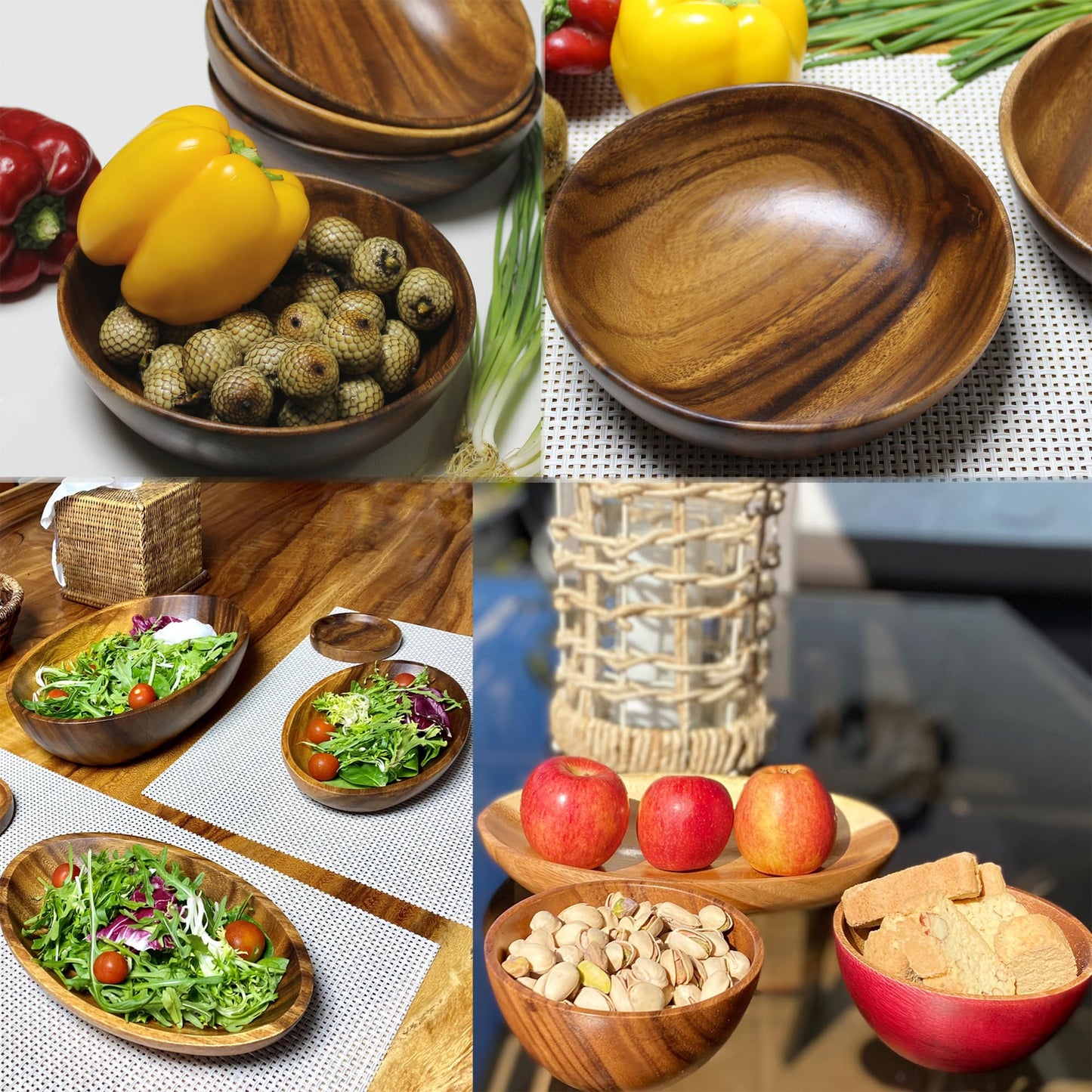 WRIGHTMART Acacia Wood Bowl, Set of 4, 7” Round, for Serving Food, Salads, Fruits, for Kitchen, Dining, or Living Room, Handmade, Natural, Rustic, Decorative and Durable Bowls. - CookCave