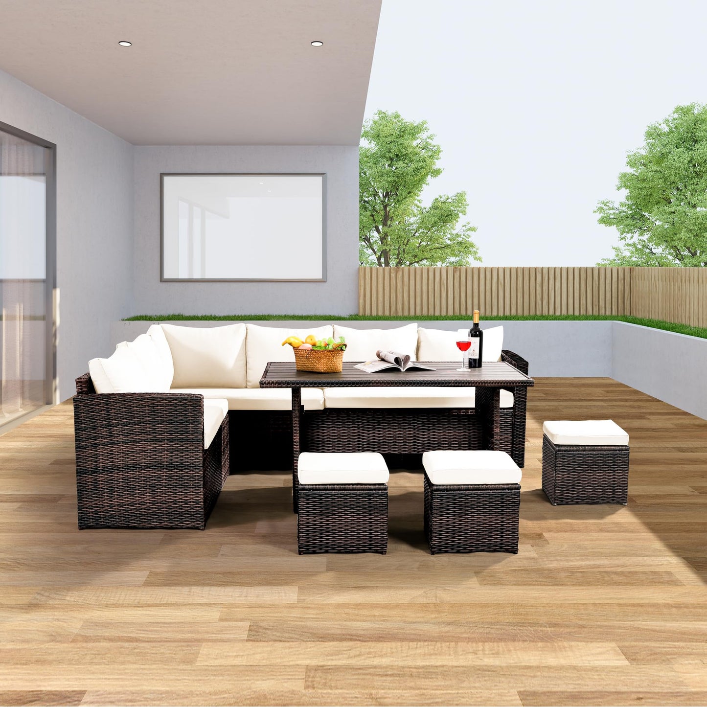 Wumiokio Patio Furniture Set, 7 Pieces Outdoor Patio Furniture with Dining Table&Chair, All Weather Wicker Conversation Set with Ottoman,Brown Rattan & Ivory Cushions (Include Sofa Dust Cover) - CookCave