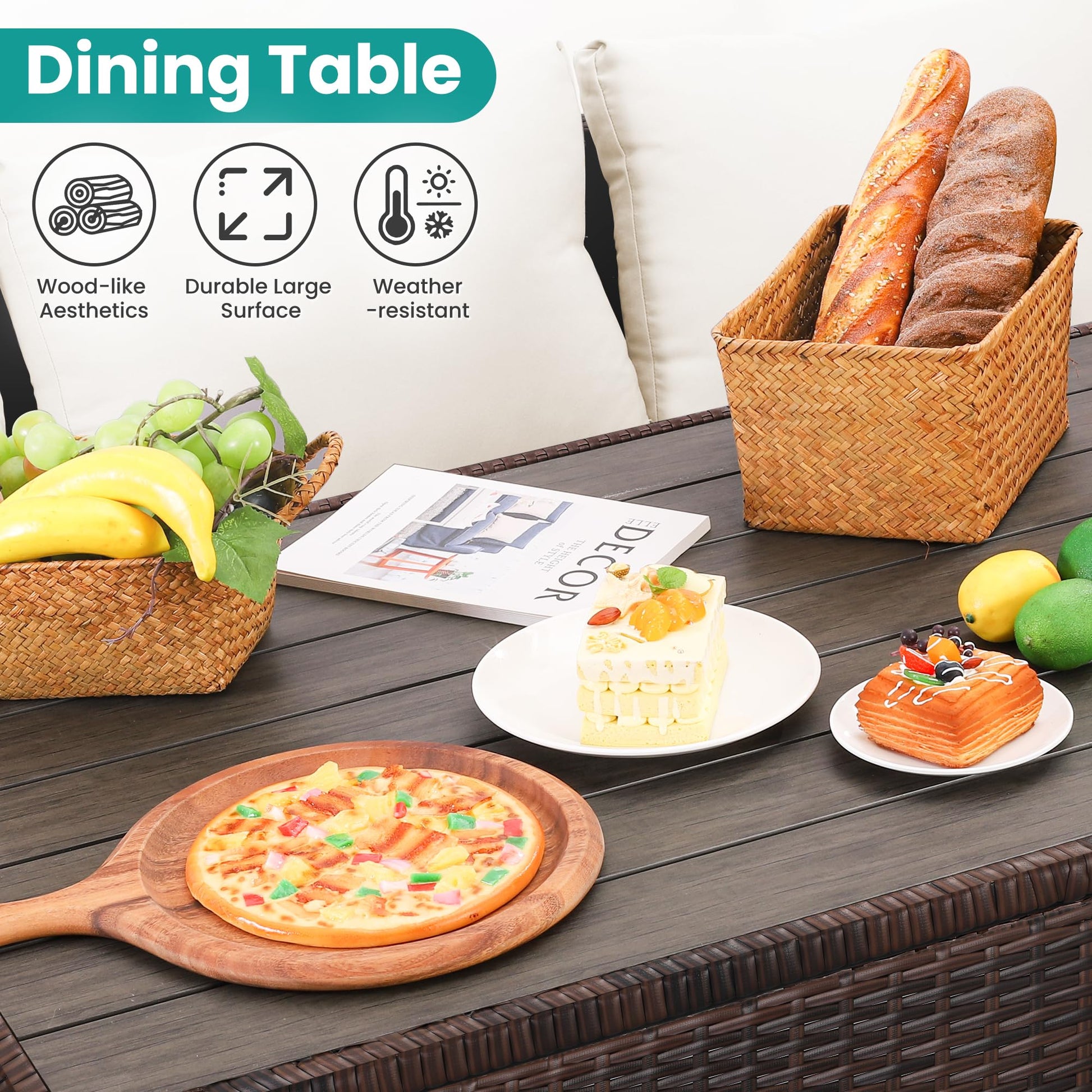 Wumiokio Patio Furniture Set, 7 Pieces Outdoor Patio Furniture with Dining Table&Chair, All Weather Wicker Conversation Set with Ottoman,Brown Rattan & Ivory Cushions (Include Sofa Dust Cover) - CookCave