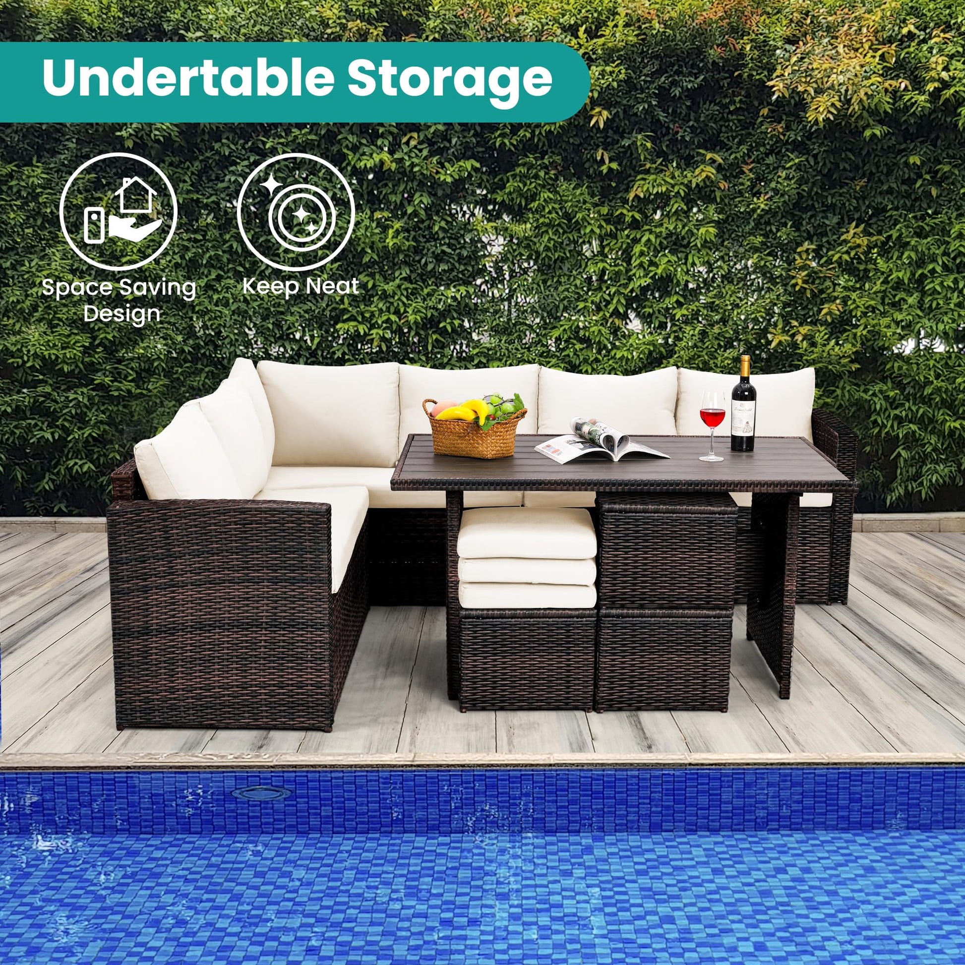 Wumiokio Patio Furniture Set, 7 Pieces Outdoor Patio Furniture with Dining Table&Chair, All Weather Wicker Conversation Set with Ottoman,Brown Rattan & Ivory Cushions (Include Sofa Dust Cover) - CookCave