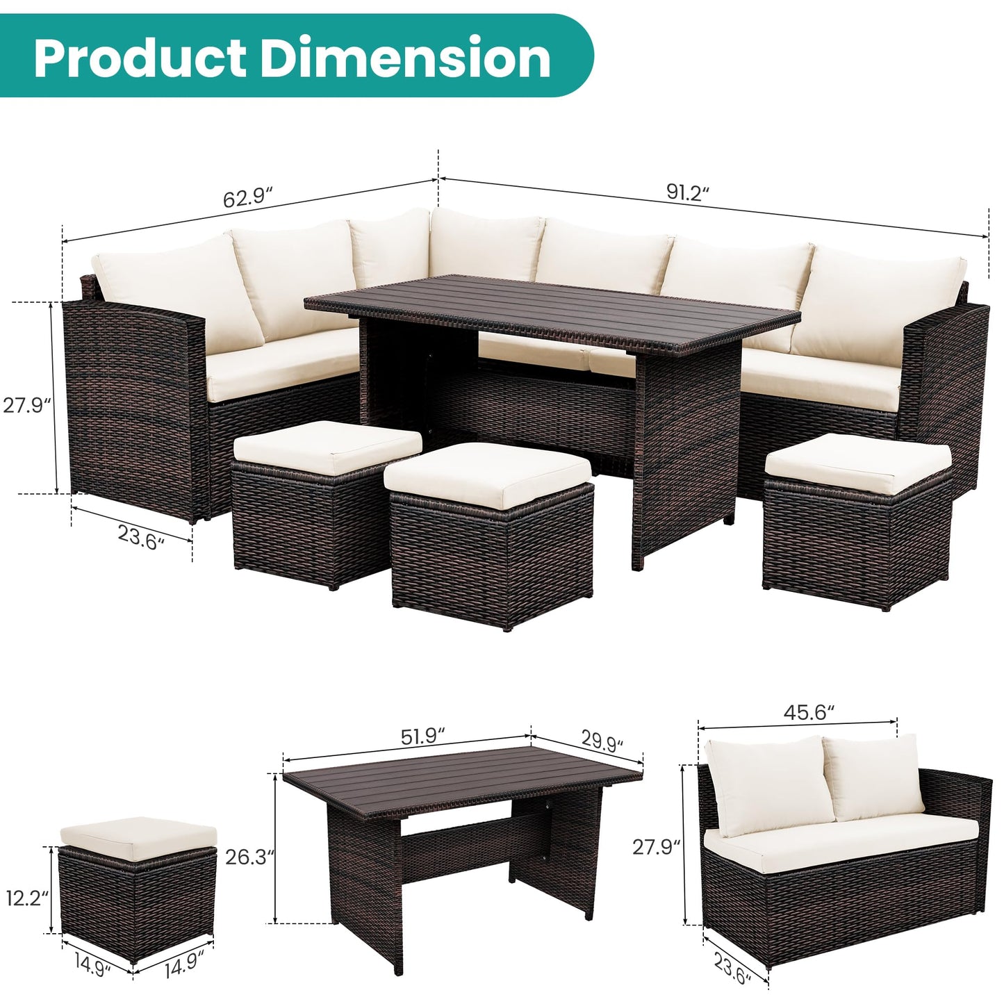 Wumiokio Patio Furniture Set, 7 Pieces Outdoor Patio Furniture with Dining Table&Chair, All Weather Wicker Conversation Set with Ottoman,Brown Rattan & Ivory Cushions (Include Sofa Dust Cover) - CookCave