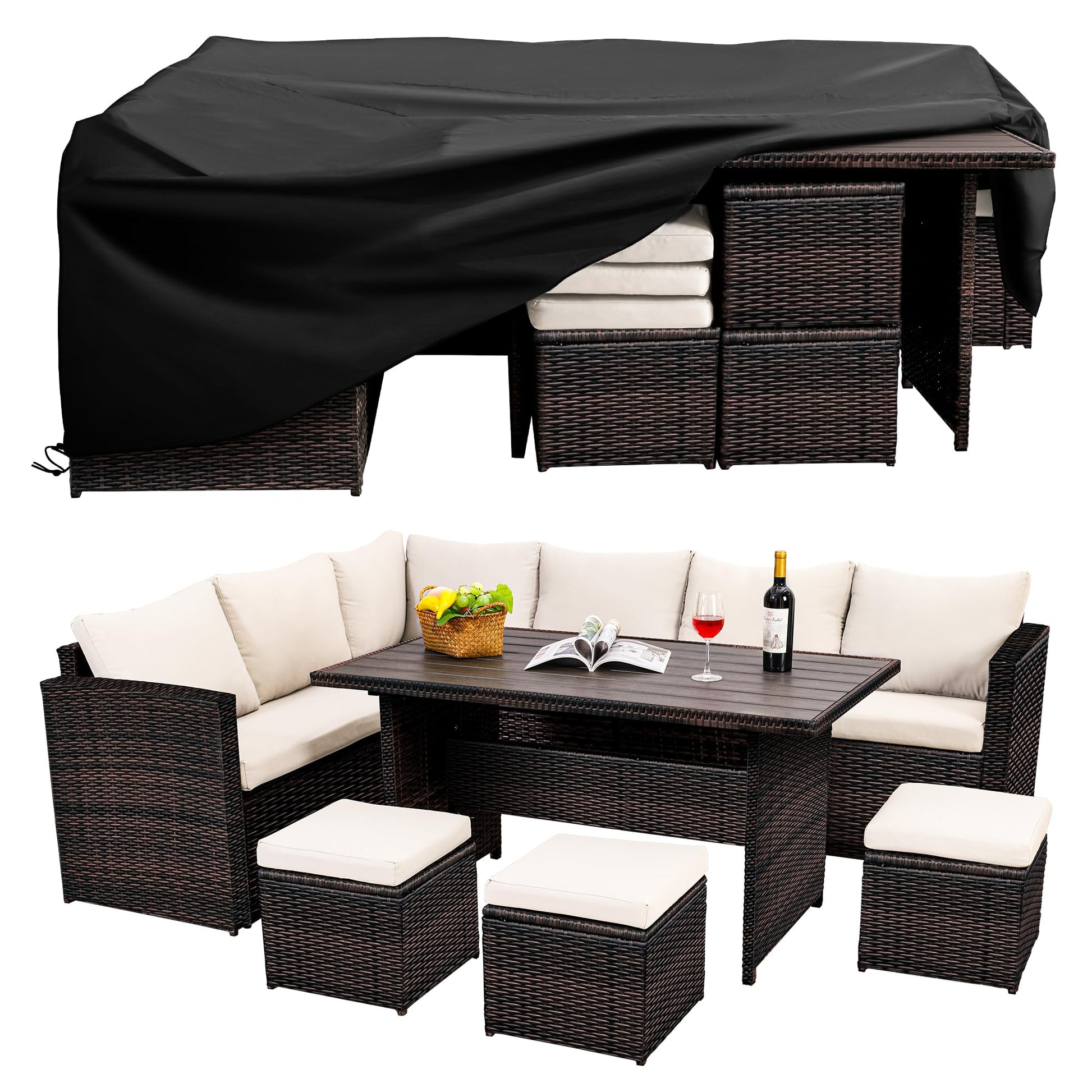 Wumiokio Patio Furniture Set, 7 Pieces Outdoor Patio Furniture with Dining Table&Chair, All Weather Wicker Conversation Set with Ottoman,Brown Rattan & Ivory Cushions (Include Sofa Dust Cover) - CookCave