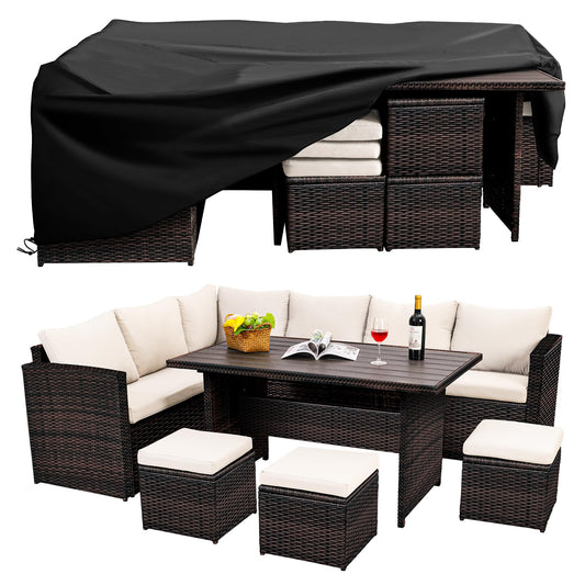Wumiokio Patio Furniture Set, 7 Pieces Outdoor Patio Furniture with Dining Table&Chair, All Weather Wicker Conversation Set with Ottoman,Brown Rattan & Ivory Cushions (Include Sofa Dust Cover) - CookCave