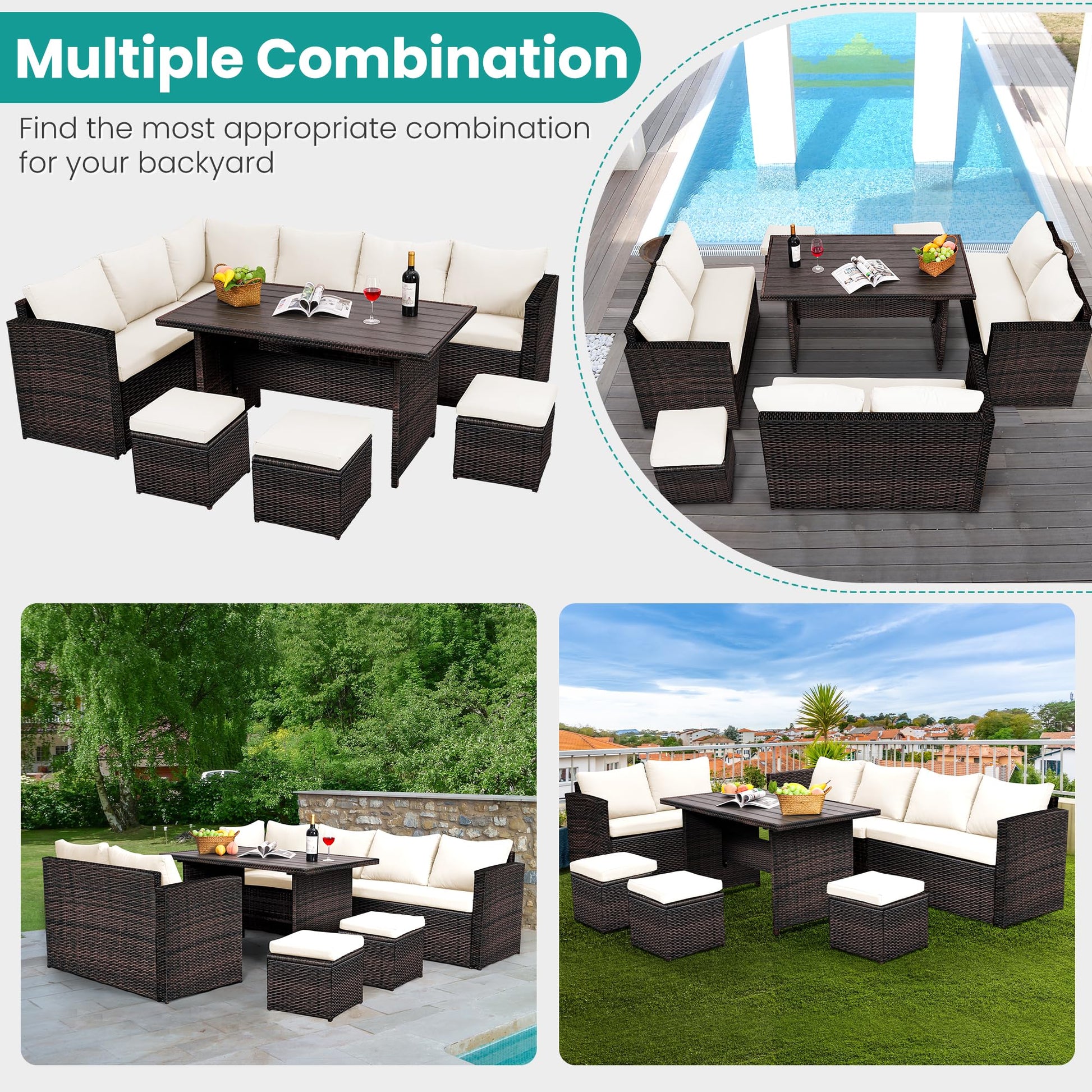 Wumiokio Patio Furniture Set, 7 Pieces Outdoor Patio Furniture with Dining Table&Chair, All Weather Wicker Conversation Set with Ottoman,Brown Rattan & Ivory Cushions (Include Sofa Dust Cover) - CookCave