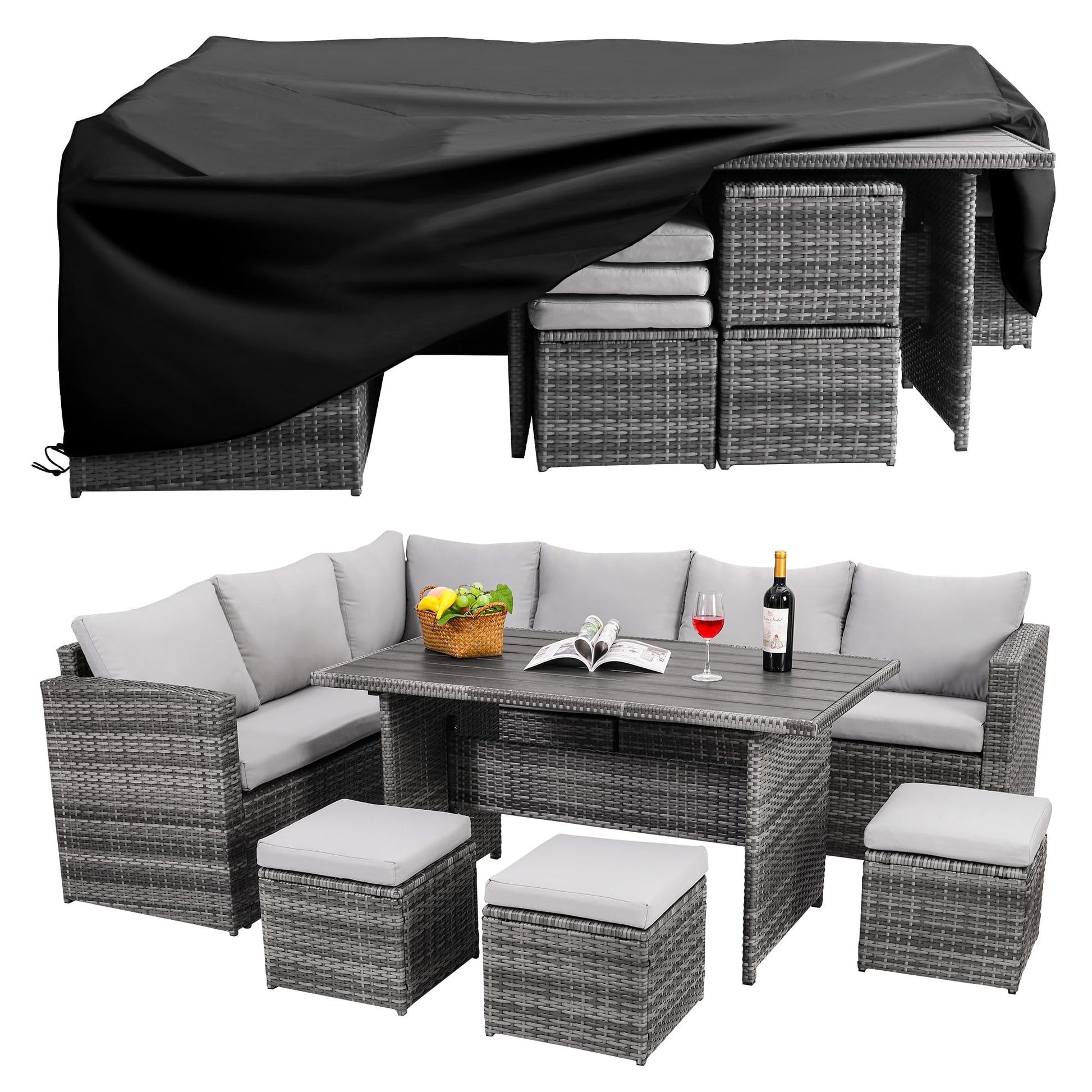 Wumiokio Patio Furniture Set, 7 Pieces Outdoor Patio Furniture with Dining Table&Chair, All Weather Wicker Conversation Set with Ottoman,Grey (Include Sofa Dust Cover) - CookCave