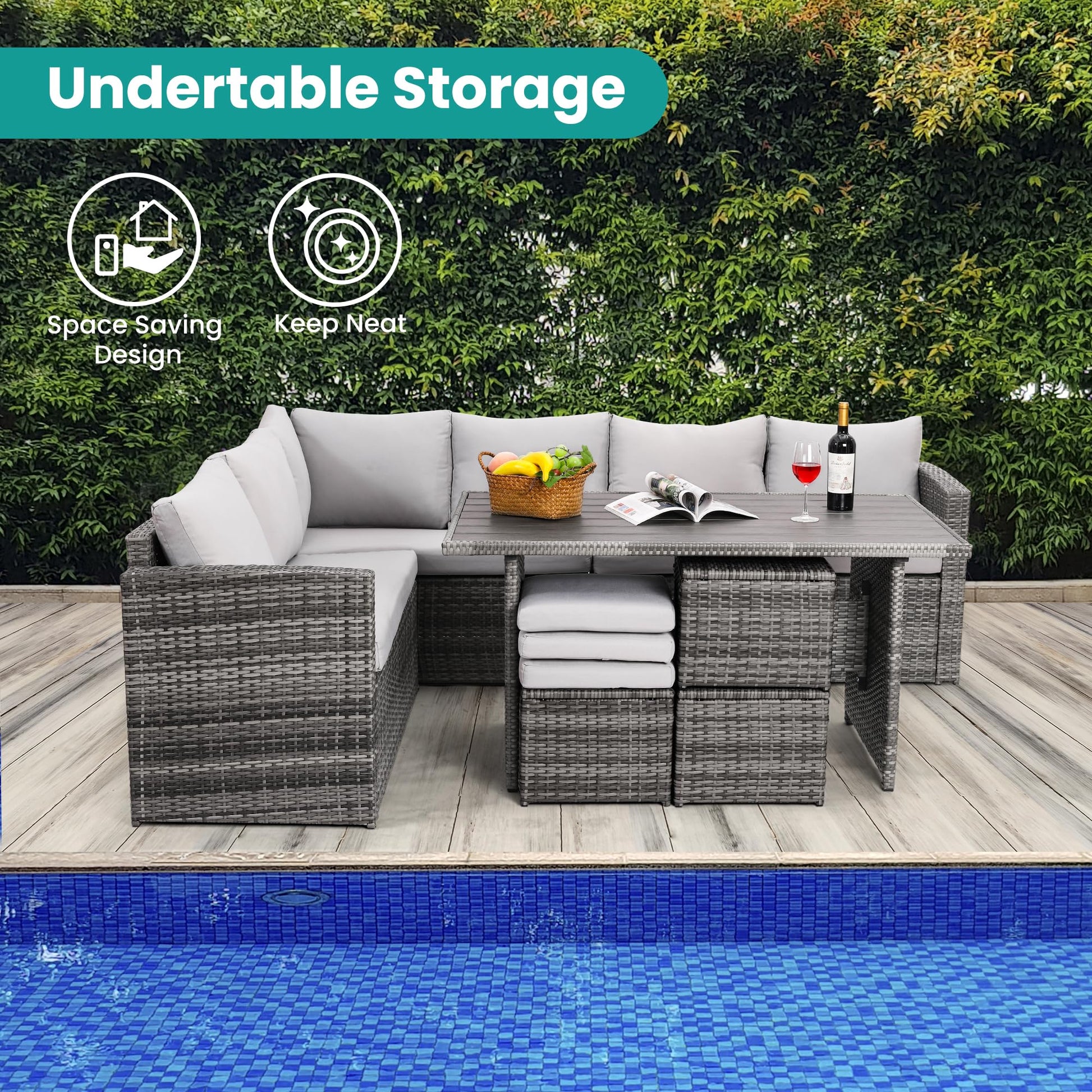 Wumiokio Patio Furniture Set, 7 Pieces Outdoor Patio Furniture with Dining Table&Chair, All Weather Wicker Conversation Set with Ottoman,Grey (Include Sofa Dust Cover) - CookCave