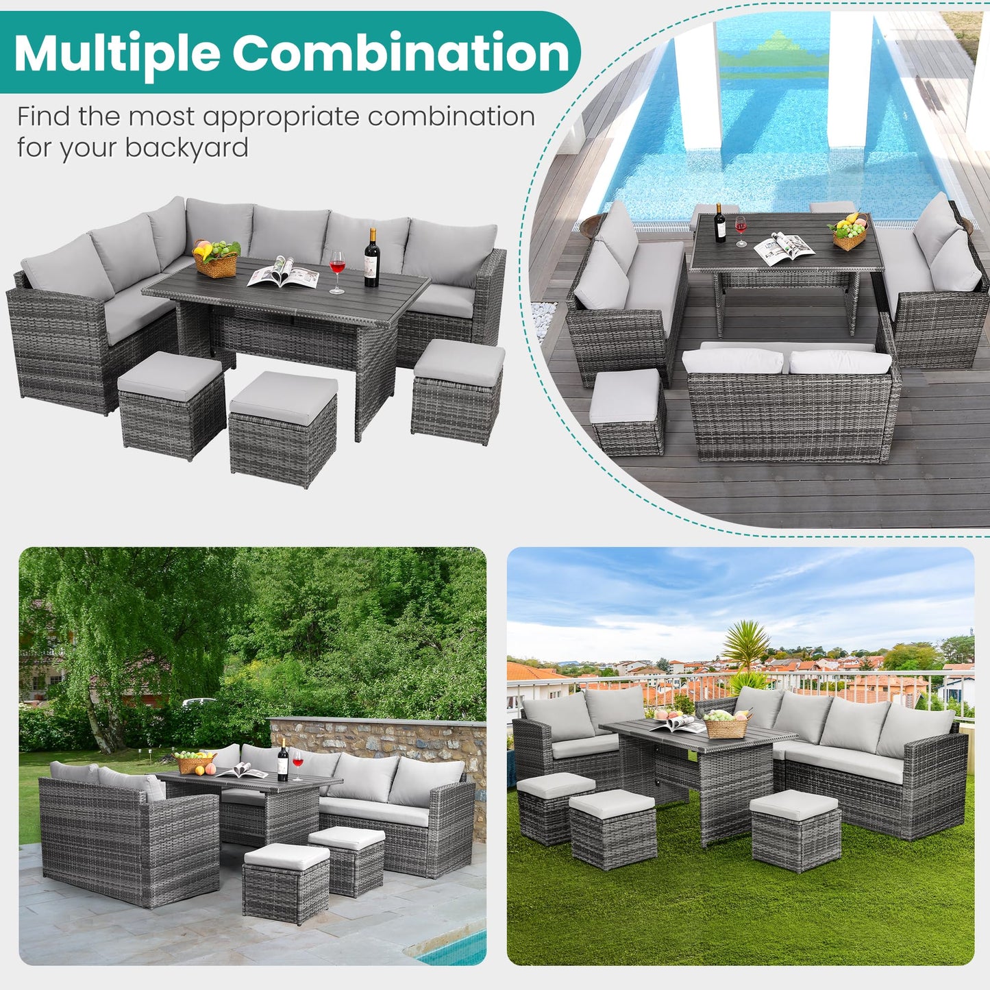 Wumiokio Patio Furniture Set, 7 Pieces Outdoor Patio Furniture with Dining Table&Chair, All Weather Wicker Conversation Set with Ottoman,Grey (Include Sofa Dust Cover) - CookCave