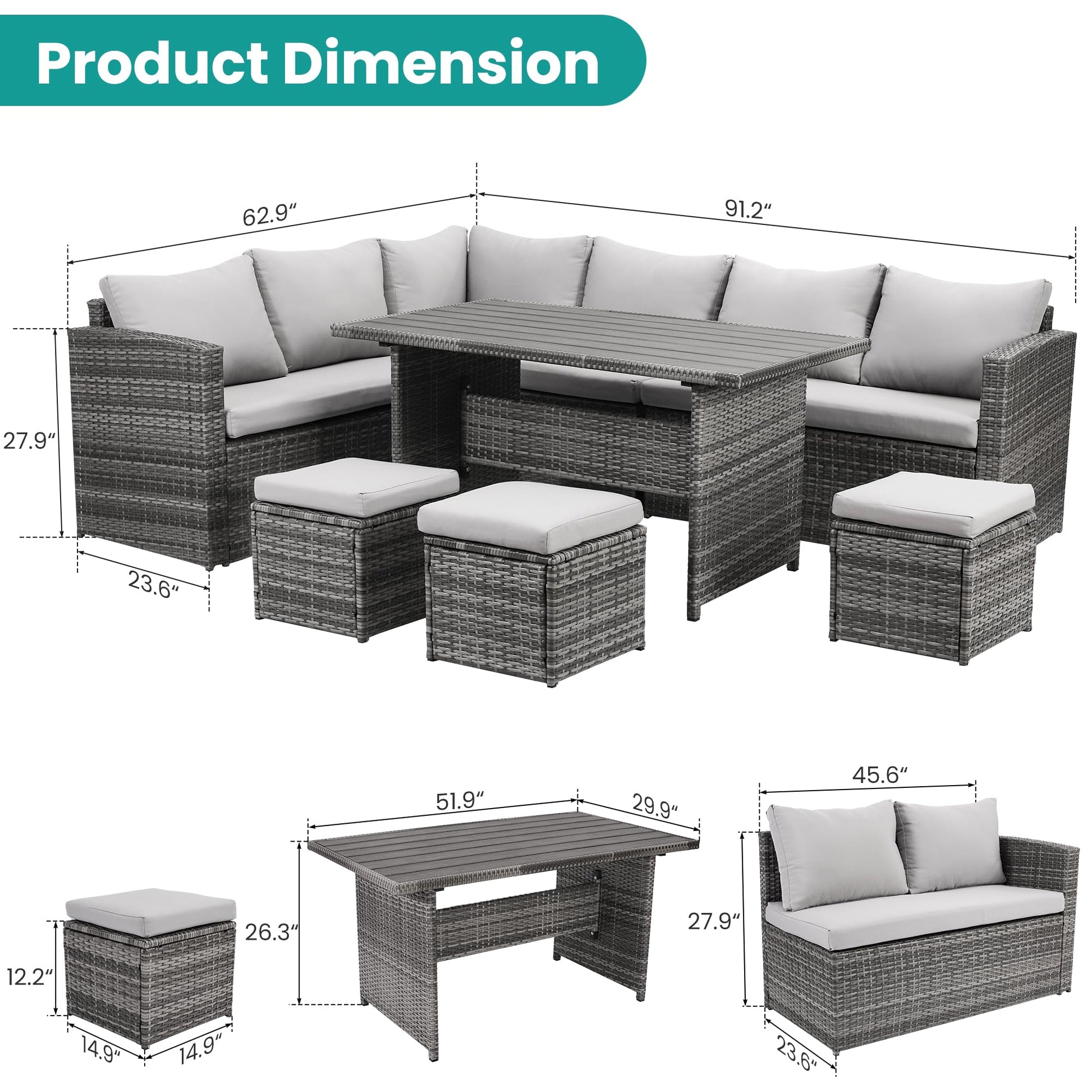 Wumiokio Patio Furniture Set, 7 Pieces Outdoor Patio Furniture with Dining Table&Chair, All Weather Wicker Conversation Set with Ottoman,Grey (Include Sofa Dust Cover) - CookCave