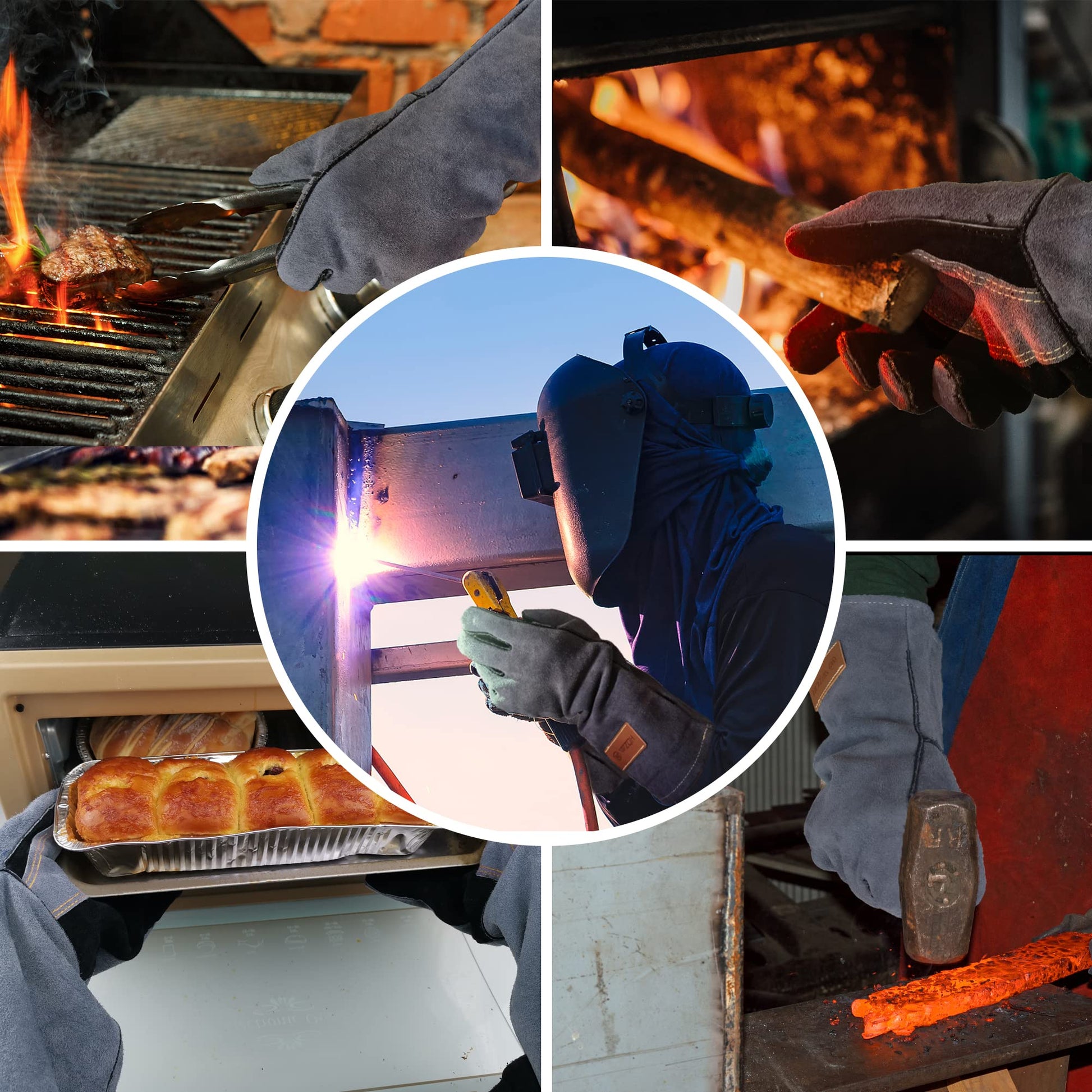 WZQH 16 Inches,932℉,Leather Welding Gloves, Heat/Fire Resistant,Large Mitts for BBQ,Oven,Grill,Fireplace,Tig,Mig,Forge,Baking,Furnace,Stove,Pot Holder,Animal Handling Glove.L Black-gray - CookCave