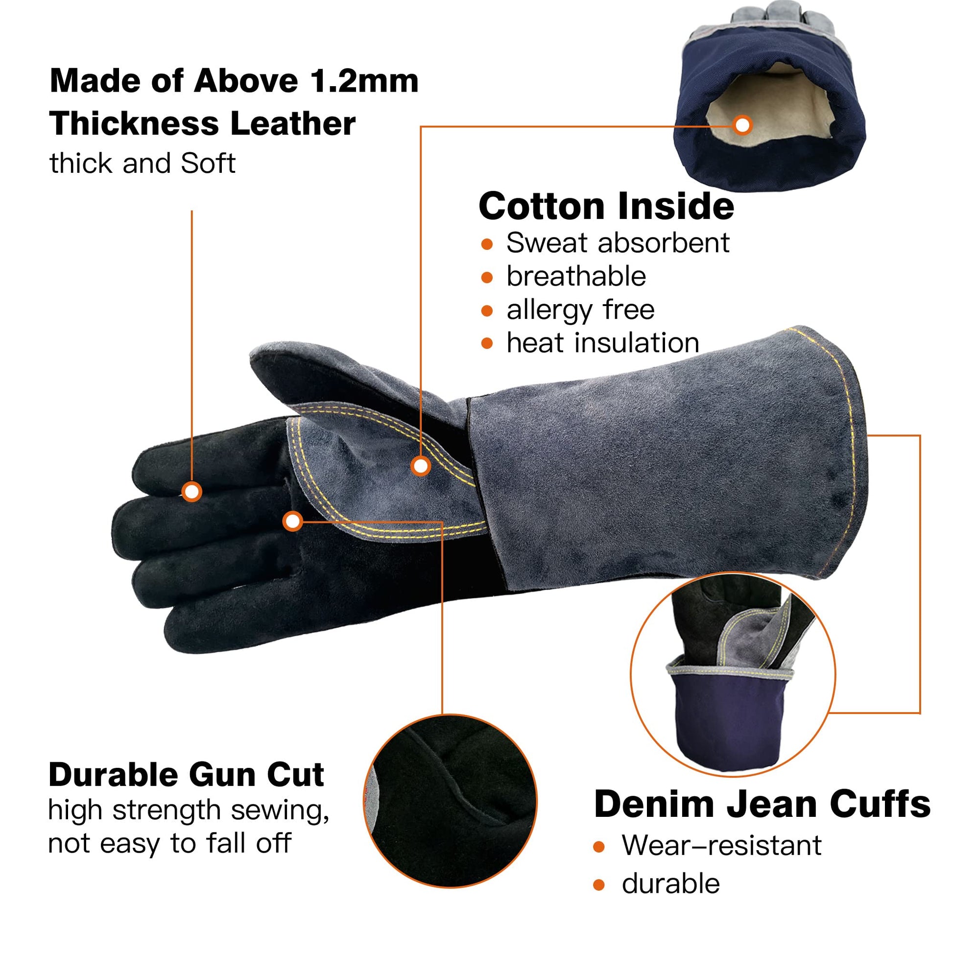 WZQH 16 Inches,932℉,Leather Welding Gloves, Heat/Fire Resistant,Large Mitts for BBQ,Oven,Grill,Fireplace,Tig,Mig,Forge,Baking,Furnace,Stove,Pot Holder,Animal Handling Glove.L Black-gray - CookCave