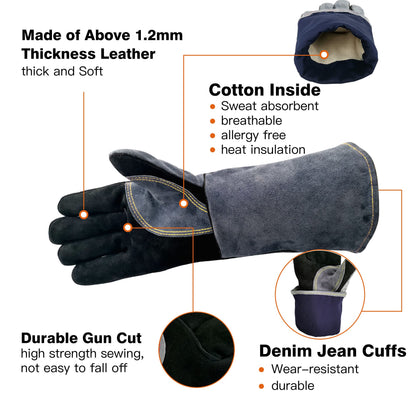WZQH 16 Inches,932℉,Leather Welding Gloves, Heat/Fire Resistant,Large Mitts for BBQ,Oven,Grill,Fireplace,Tig,Mig,Forge,Baking,Furnace,Stove,Pot Holder,Animal Handling Glove.L Black-gray - CookCave