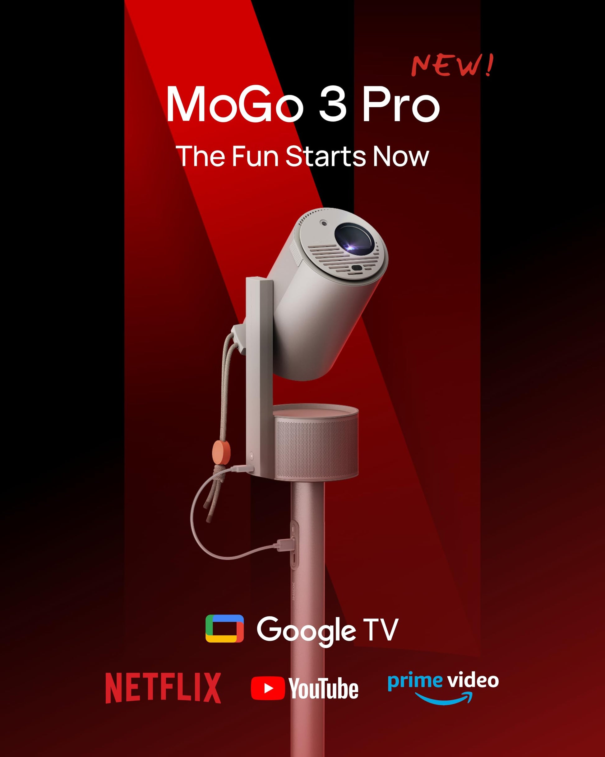 XGIMI MoGo 3 Pro NEW Outdoor Projector with PowerBase Stand, 2.5hrs Battery, Google TV with Licensed Netflix, Build-in Adjustable Stand, 450 ISO Lumens, ISA 2.0, 2 x 5W Harman Kardon - CookCave