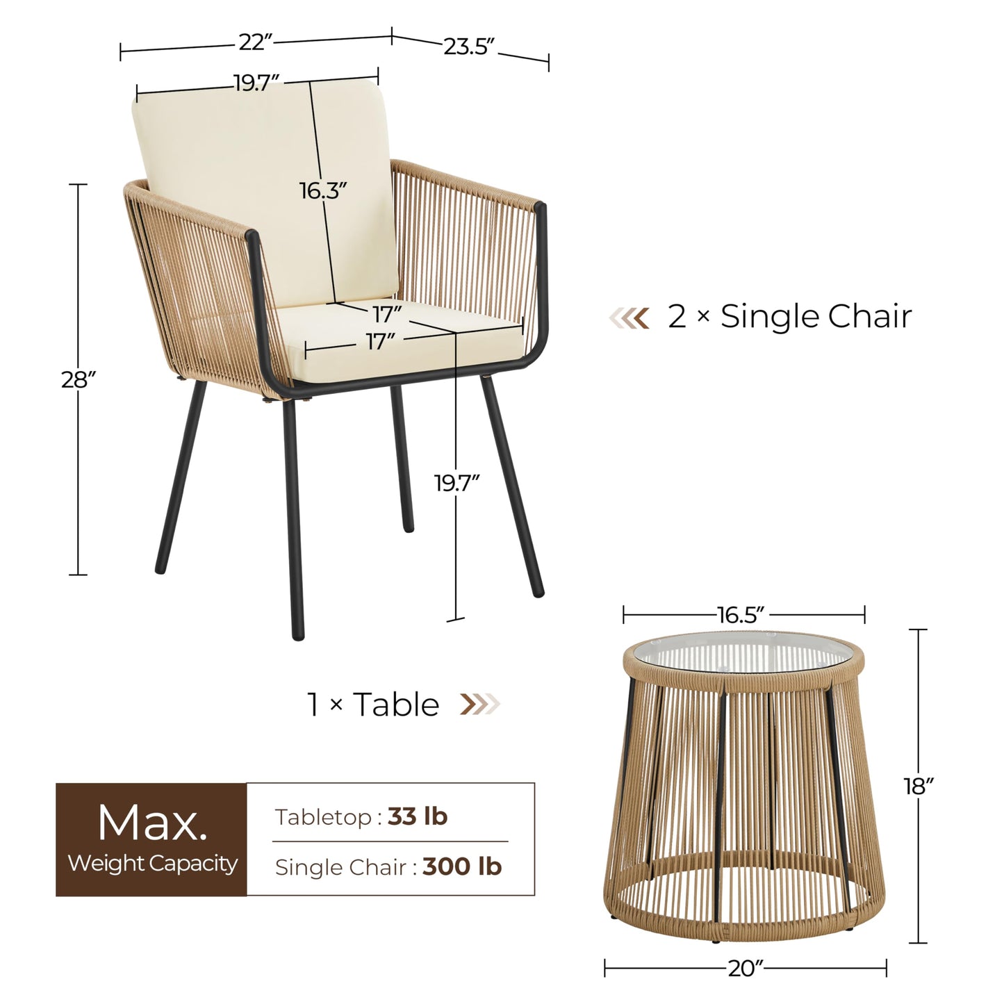 Yaheetech 3 Piece Patio Rattan Bistro Set, Outdoor All Weather PE Wicker Conversation Furniture Set with 2 Chairs & Tempered Glass Top Table & Cushions, for Poolside/Porch/Garden/Yard, Tan/Cream - CookCave
