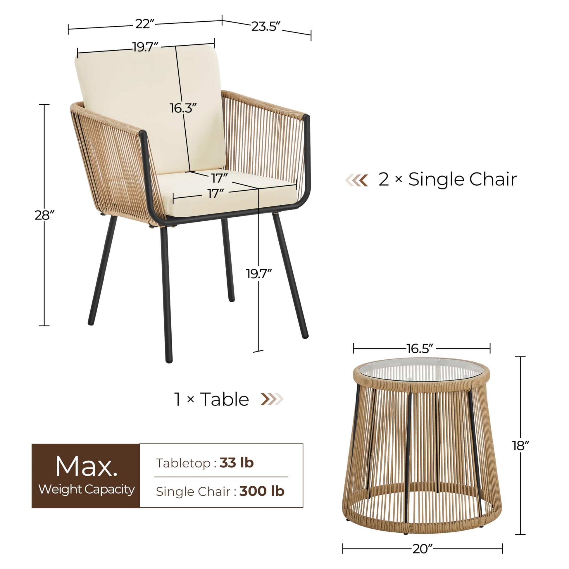 Yaheetech 3 Piece Patio Rattan Bistro Set, Outdoor All Weather PE Wicker Conversation Furniture Set with 2 Chairs & Tempered Glass Top Table & Cushions, for Poolside/Porch/Garden/Yard, Tan/Cream - CookCave