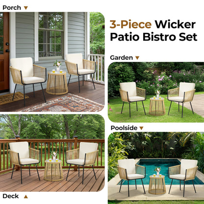 Yaheetech 3 Piece Patio Rattan Bistro Set, Outdoor All Weather PE Wicker Conversation Furniture Set with 2 Chairs & Tempered Glass Top Table & Cushions, for Poolside/Porch/Garden/Yard, Tan/Cream - CookCave