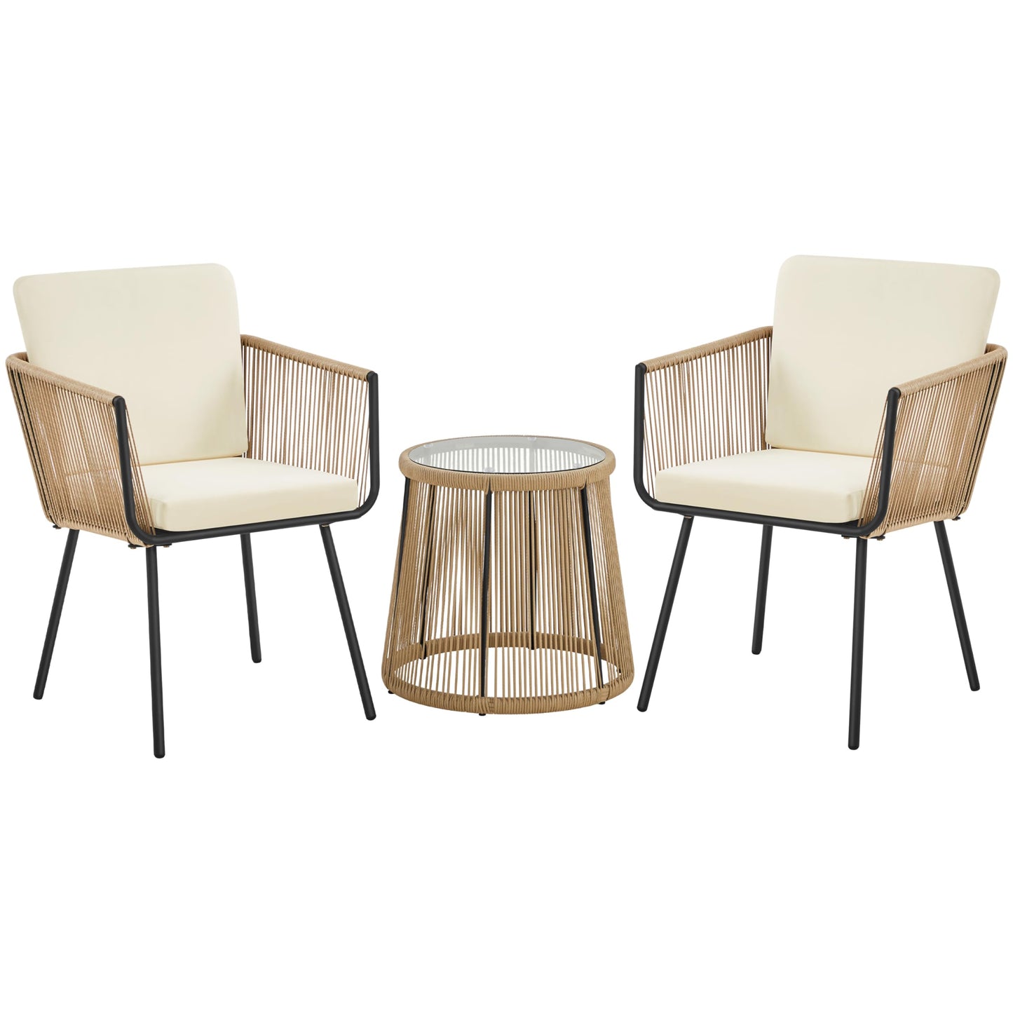 Yaheetech 3 Piece Patio Rattan Bistro Set, Outdoor All Weather PE Wicker Conversation Furniture Set with 2 Chairs & Tempered Glass Top Table & Cushions, for Poolside/Porch/Garden/Yard, Tan/Cream - CookCave