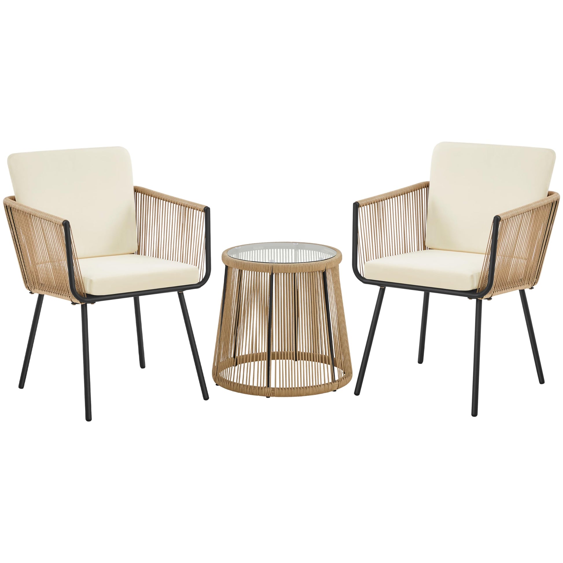 Yaheetech 3 Piece Patio Rattan Bistro Set, Outdoor All Weather PE Wicker Conversation Furniture Set with 2 Chairs & Tempered Glass Top Table & Cushions, for Poolside/Porch/Garden/Yard, Tan/Cream - CookCave