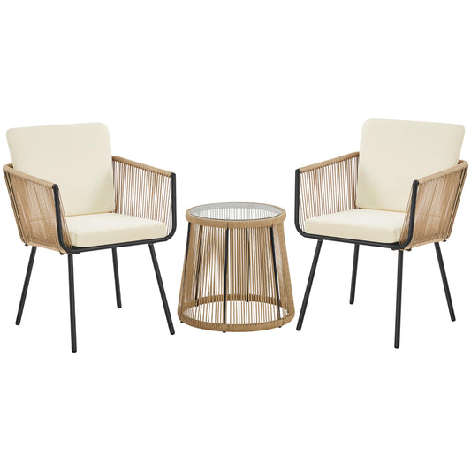 Yaheetech 3 Piece Patio Rattan Bistro Set, Outdoor All Weather PE Wicker Conversation Furniture Set with 2 Chairs & Tempered Glass Top Table & Cushions, for Poolside/Porch/Garden/Yard, Tan/Cream - CookCave