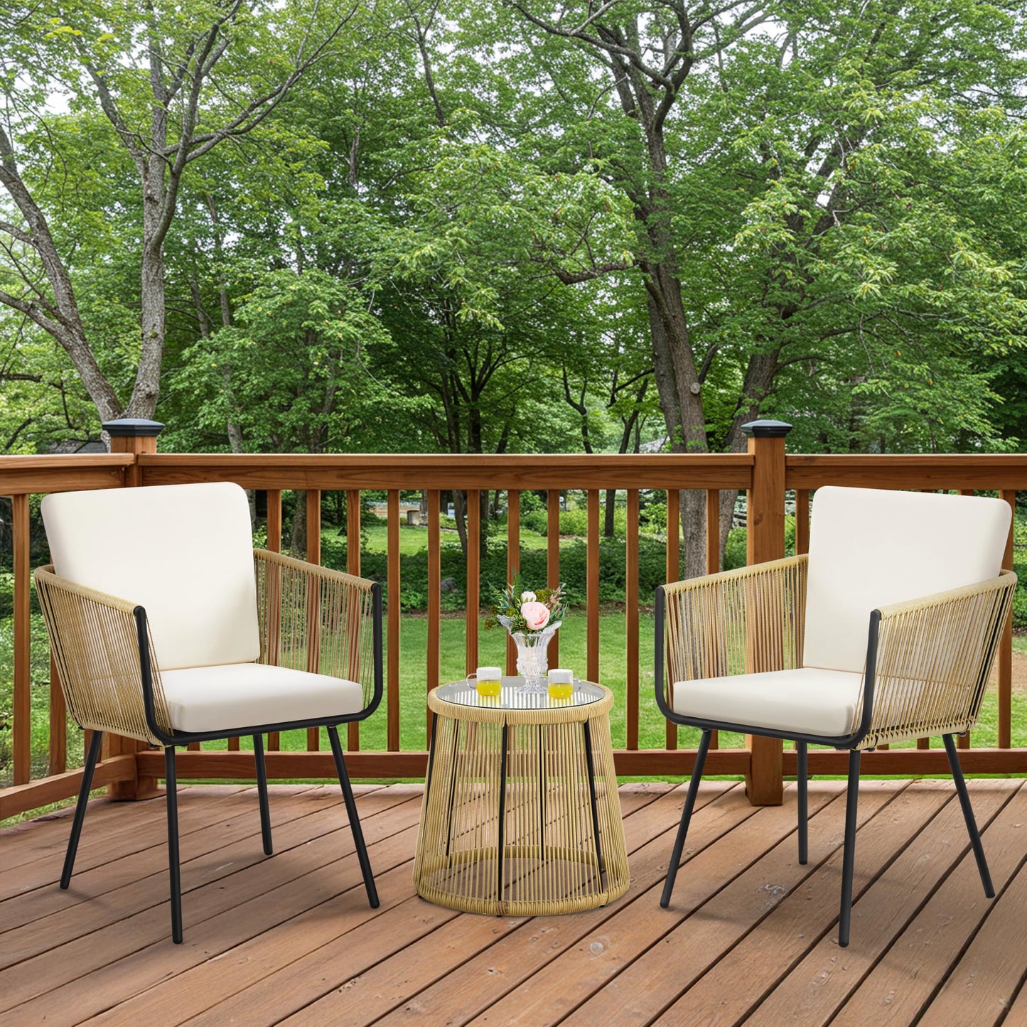 Yaheetech 3 Piece Patio Rattan Bistro Set, Outdoor All Weather PE Wicker Conversation Furniture Set with 2 Chairs & Tempered Glass Top Table & Cushions, for Poolside/Porch/Garden/Yard, Tan/Cream - CookCave