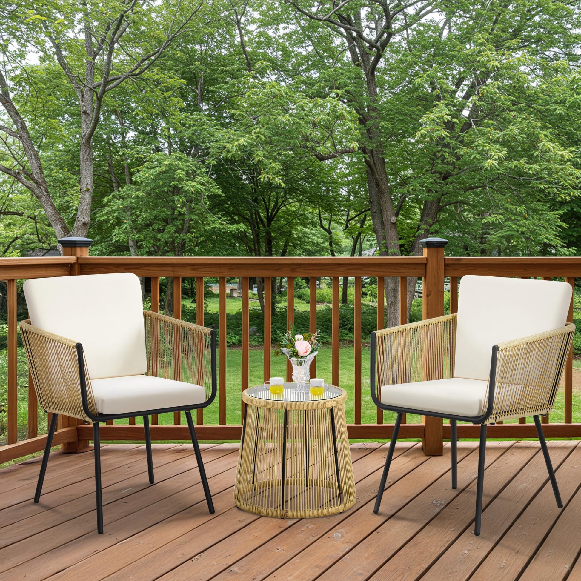 Yaheetech 3 Piece Patio Rattan Bistro Set, Outdoor All Weather PE Wicker Conversation Furniture Set with 2 Chairs & Tempered Glass Top Table & Cushions, for Poolside/Porch/Garden/Yard, Tan/Cream - CookCave