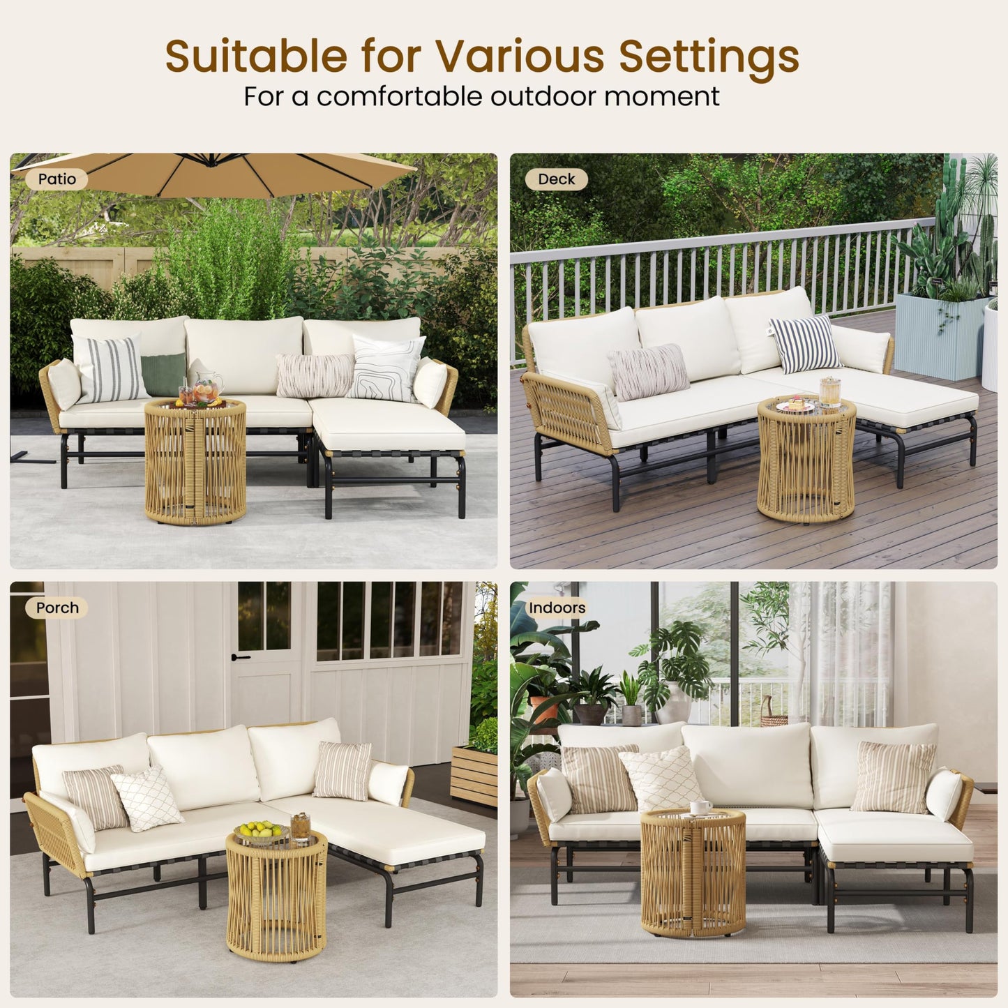 Yaheetech 3 Pieces L-Shaped Conversation Sofa Set, Outdoor Patio Furniture Set w/Detachable Lounger, Thick Cushions, Glass Side Table for Patio, Backyard, Porch, Garden - CookCave