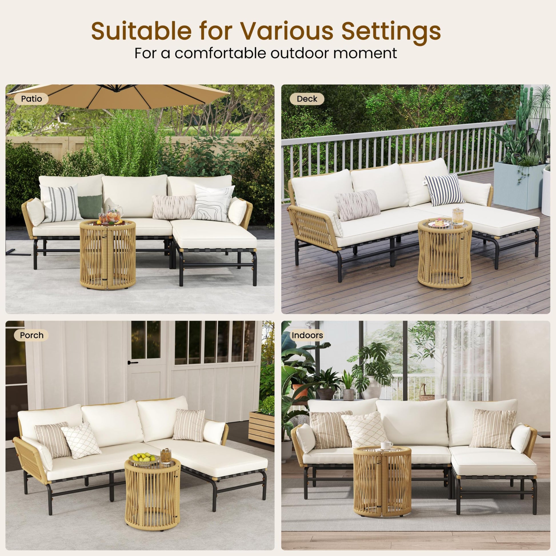 Yaheetech 3 Pieces L-Shaped Conversation Sofa Set, Outdoor Patio Furniture Set w/Detachable Lounger, Thick Cushions, Glass Side Table for Patio, Backyard, Porch, Garden - CookCave