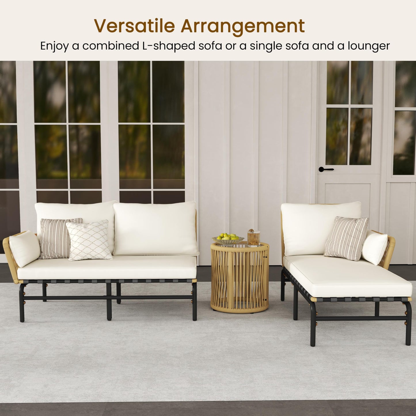 Yaheetech 3 Pieces L-Shaped Conversation Sofa Set, Outdoor Patio Furniture Set w/Detachable Lounger, Thick Cushions, Glass Side Table for Patio, Backyard, Porch, Garden - CookCave