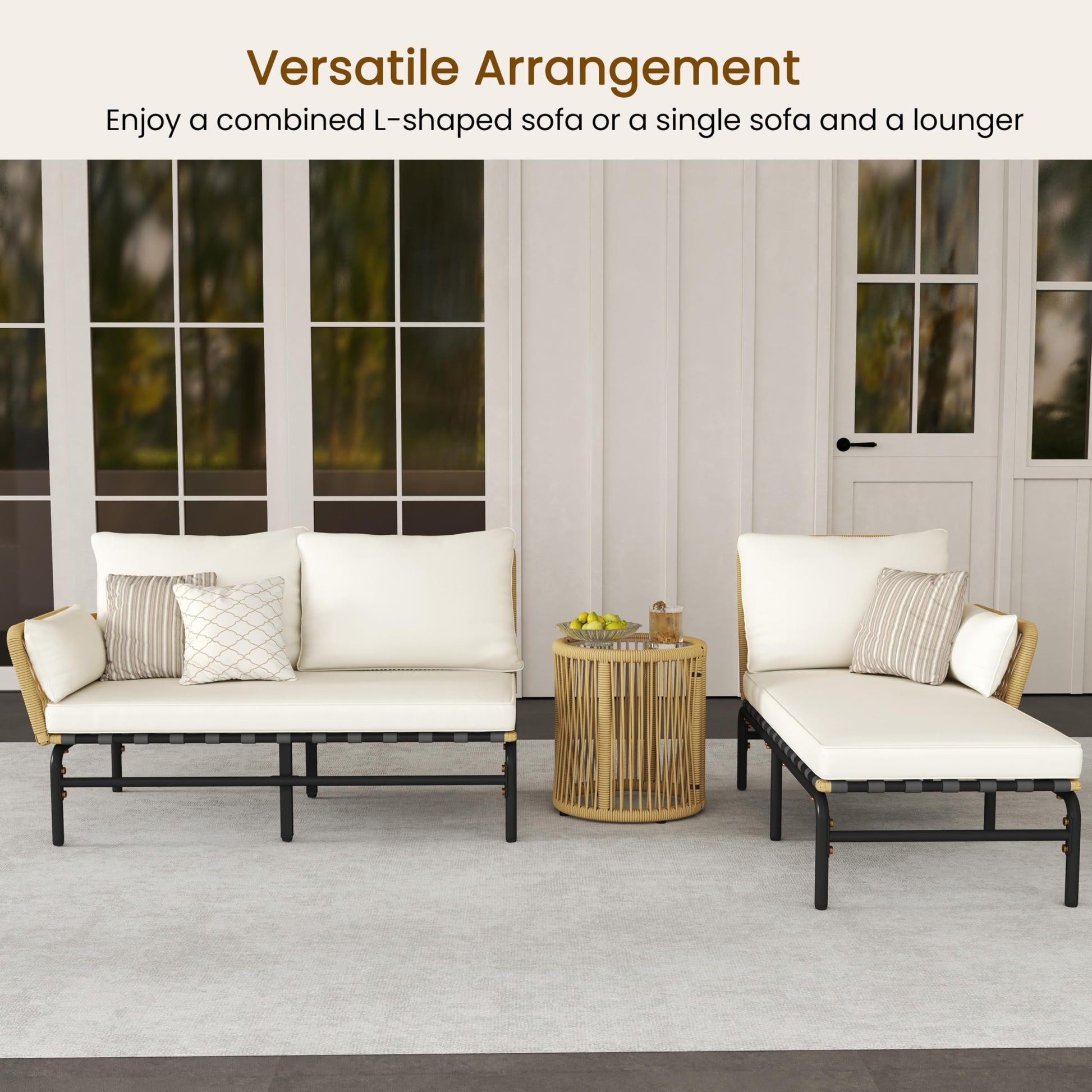 Yaheetech 3 Pieces L-Shaped Conversation Sofa Set, Outdoor Patio Furniture Set w/Detachable Lounger, Thick Cushions, Glass Side Table for Patio, Backyard, Porch, Garden - CookCave