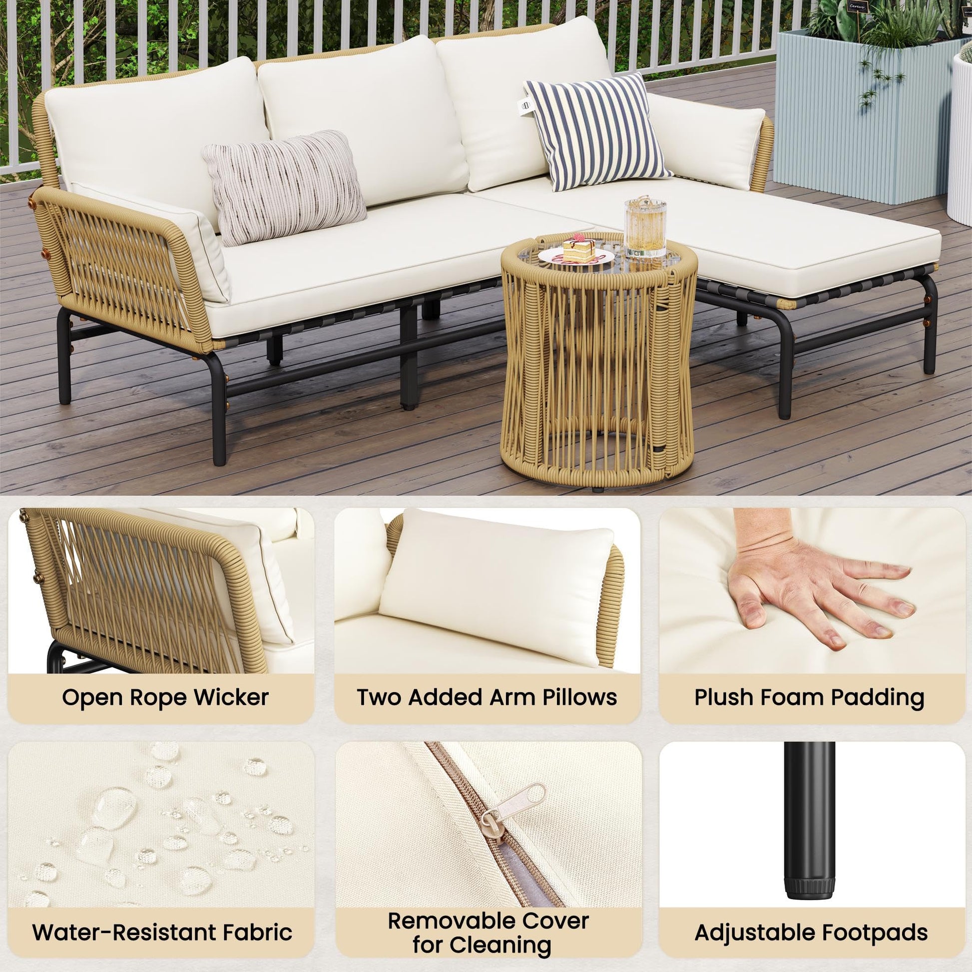Yaheetech 3 Pieces L-Shaped Conversation Sofa Set, Outdoor Patio Furniture Set w/Detachable Lounger, Thick Cushions, Glass Side Table for Patio, Backyard, Porch, Garden - CookCave