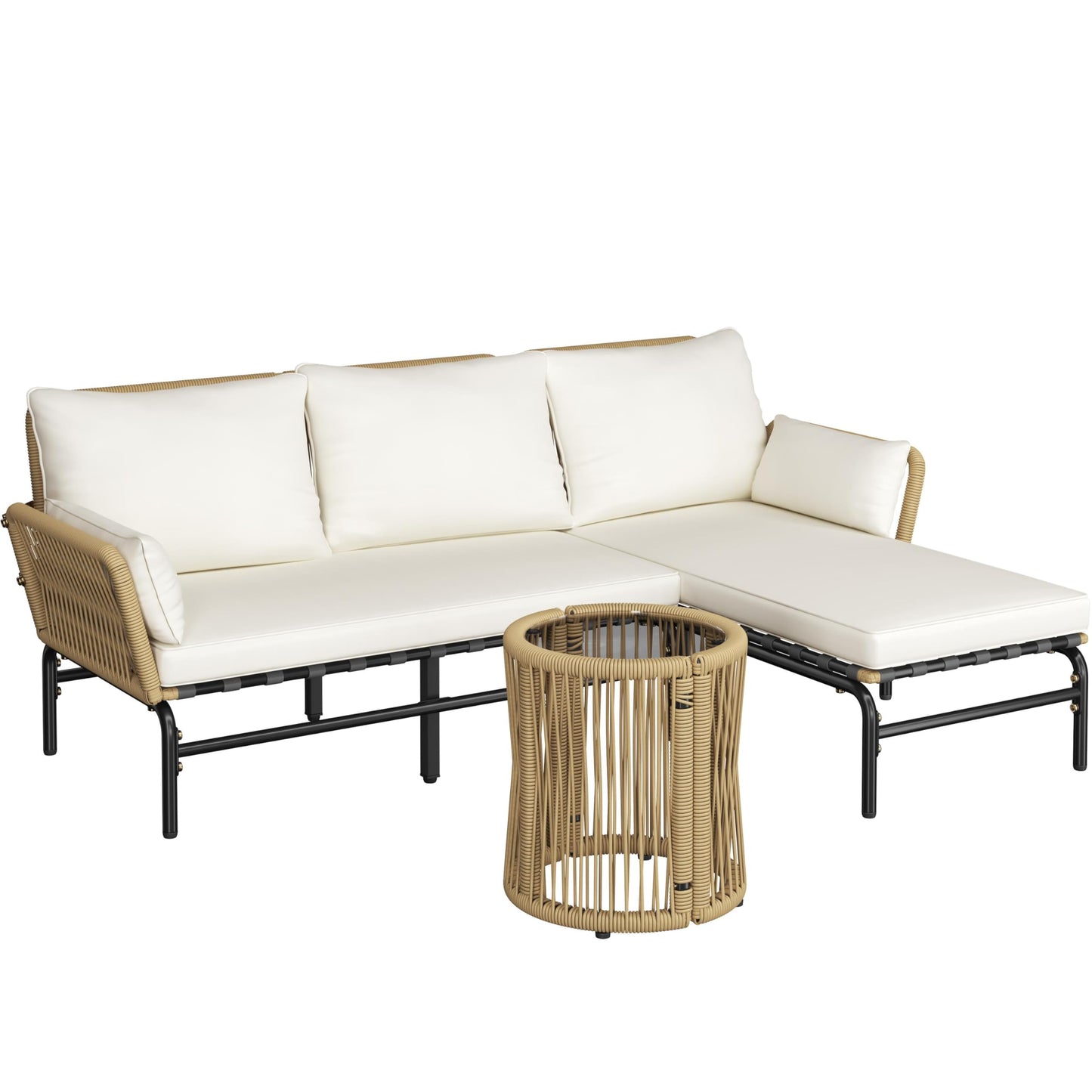 Yaheetech 3 Pieces L-Shaped Conversation Sofa Set, Outdoor Patio Furniture Set w/Detachable Lounger, Thick Cushions, Glass Side Table for Patio, Backyard, Porch, Garden - CookCave