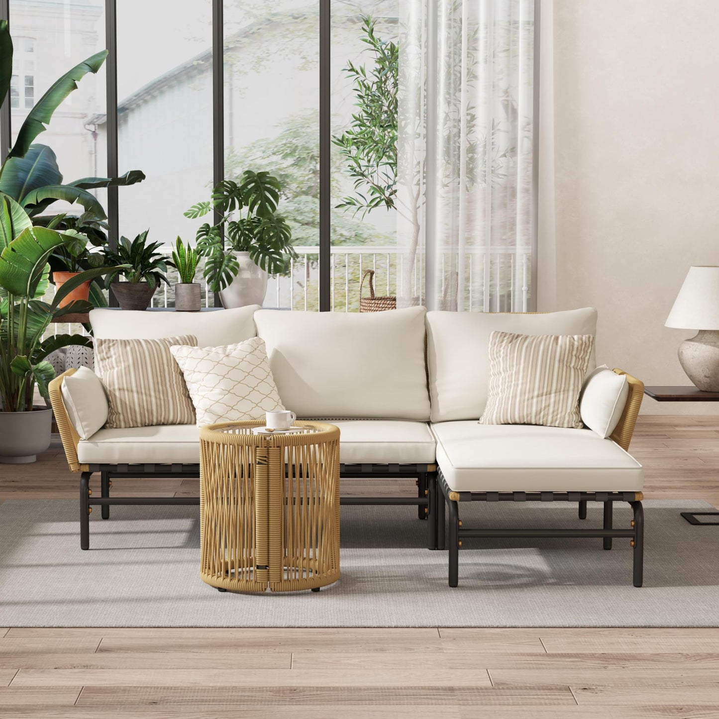Yaheetech 3 Pieces L-Shaped Conversation Sofa Set, Outdoor Patio Furniture Set w/Detachable Lounger, Thick Cushions, Glass Side Table for Patio, Backyard, Porch, Garden - CookCave