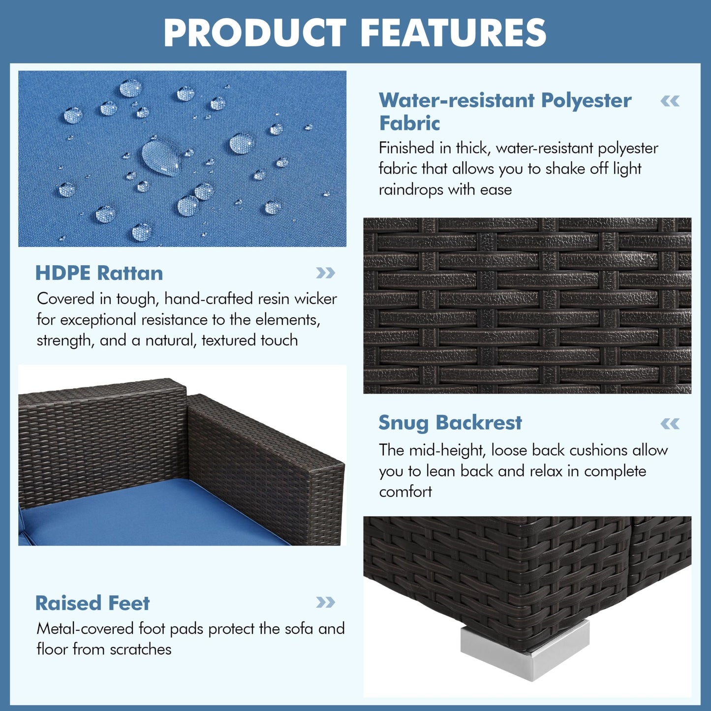 Yaheetech 3-Seat Patio Wicker Sofa, Outdoor Rattan Couch with Furniture Cover, Deep Seat High Back with Cushions & Throw Pillows for Deck/Porch/Balcony/Yard, Brown/Dark Blue - CookCave