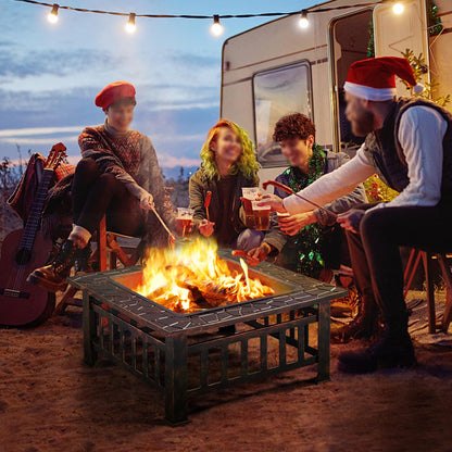 Yaheetech 32in Outdoor Firepit Square Table Backyard Patio Garden Stove Wood Burning Fire Pit with Spark Screen, Log Poker and Cover - CookCave