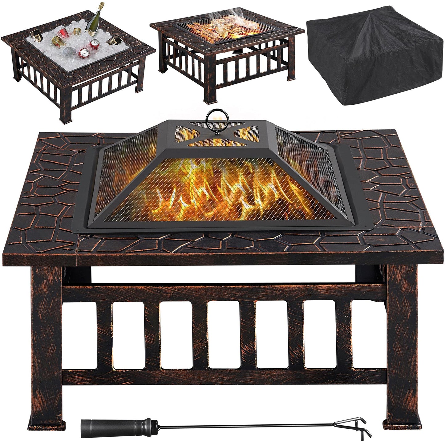 Yaheetech 32in Outdoor Firepit Square Table Backyard Patio Garden Stove Wood Burning Fire Pit with Spark Screen, Log Poker and Cover - CookCave