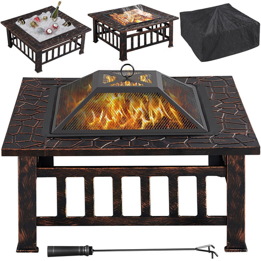 Yaheetech 32in Outdoor Firepit Square Table Backyard Patio Garden Stove Wood Burning Fire Pit with Spark Screen, Log Poker and Cover - CookCave