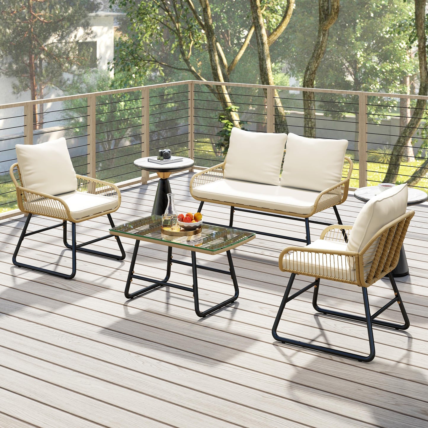 Yaheetech 4 Piece Patio Furniture Set, Outdoor Wicker Conversation Sets, Boho Loveseat & 2 Armchairs with Cushion and Pillow, Glass Top Table for Backyard, Porch, Balcony, Deck - Tan/Cream - CookCave