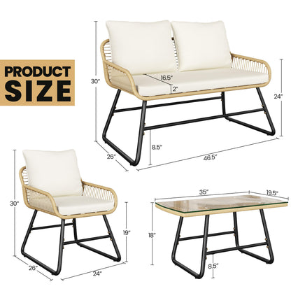 Yaheetech 4 Piece Patio Furniture Set, Outdoor Wicker Conversation Sets, Boho Loveseat & 2 Armchairs with Cushion and Pillow, Glass Top Table for Backyard, Porch, Balcony, Deck - Tan/Cream - CookCave