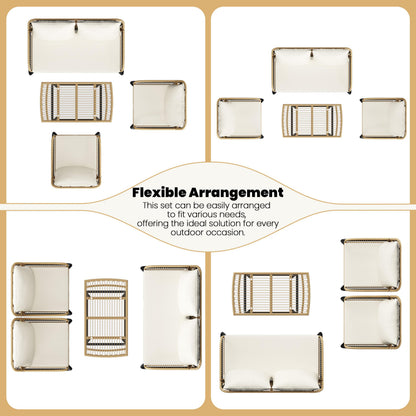 Yaheetech 4 Piece Patio Furniture Set, Outdoor Wicker Conversation Sets, Boho Loveseat & 2 Armchairs with Cushion and Pillow, Glass Top Table for Backyard, Porch, Balcony, Deck - Tan/Cream - CookCave