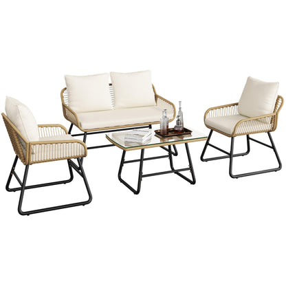 Yaheetech 4 Piece Patio Furniture Set, Outdoor Wicker Conversation Sets, Boho Loveseat & 2 Armchairs with Cushion and Pillow, Glass Top Table for Backyard, Porch, Balcony, Deck - Tan/Cream - CookCave