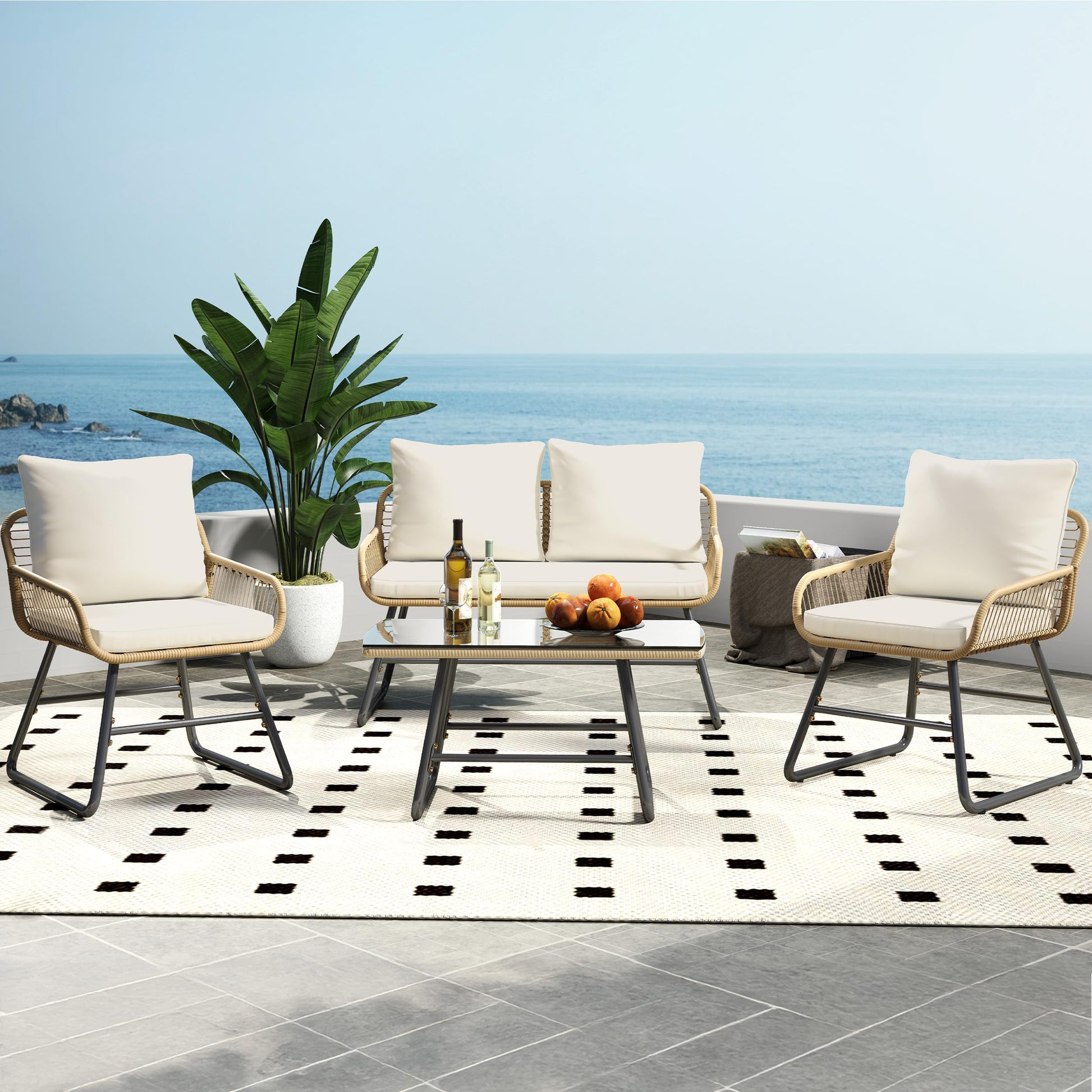 Yaheetech 4 Piece Patio Furniture Set, Outdoor Wicker Conversation Sets, Boho Loveseat & 2 Armchairs with Cushion and Pillow, Glass Top Table for Backyard, Porch, Balcony, Deck - Tan/Cream - CookCave