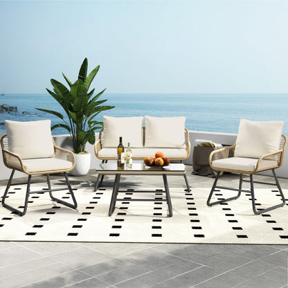 Yaheetech 4 Piece Patio Furniture Set, Outdoor Wicker Conversation Sets, Boho Loveseat & 2 Armchairs with Cushion and Pillow, Glass Top Table for Backyard, Porch, Balcony, Deck - Tan/Cream - CookCave