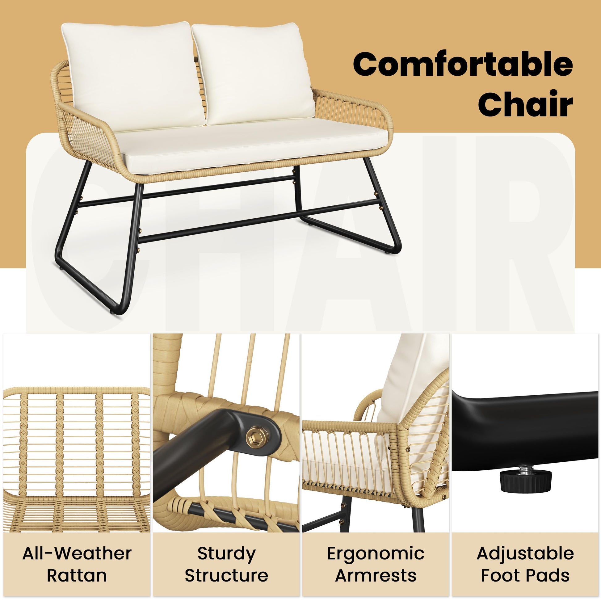 Yaheetech 4 Piece Patio Furniture Set, Outdoor Wicker Conversation Sets, Boho Loveseat & 2 Armchairs with Cushion and Pillow, Glass Top Table for Backyard, Porch, Balcony, Deck - Tan/Cream - CookCave