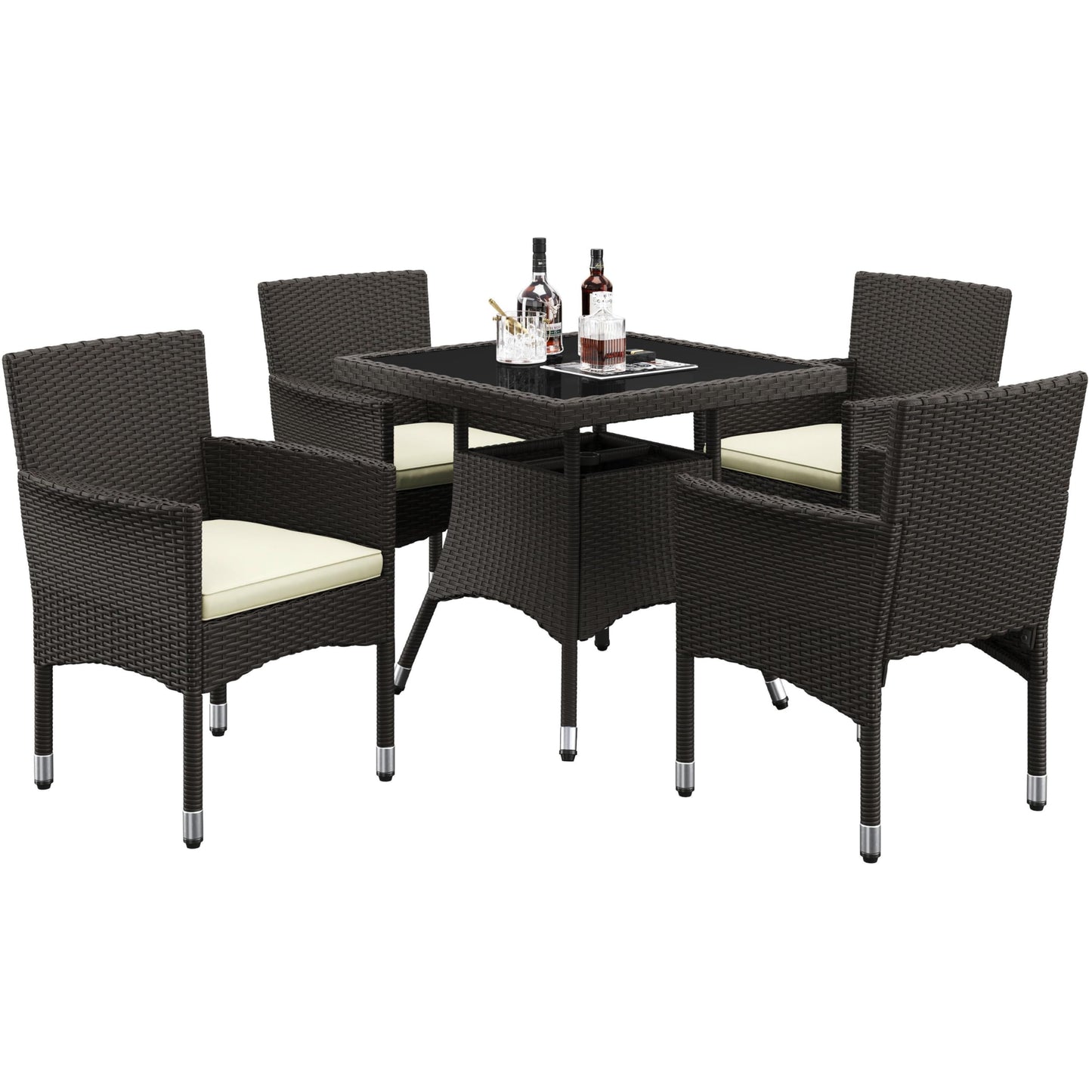 Yaheetech 5-Piece Patio Furniture Set, Outdoor Rattan 4 Dining Chairs & Tempered Glass Table with Umbrella Hole, for Garden Backyard Deck Balcony, Brown/Beige - CookCave