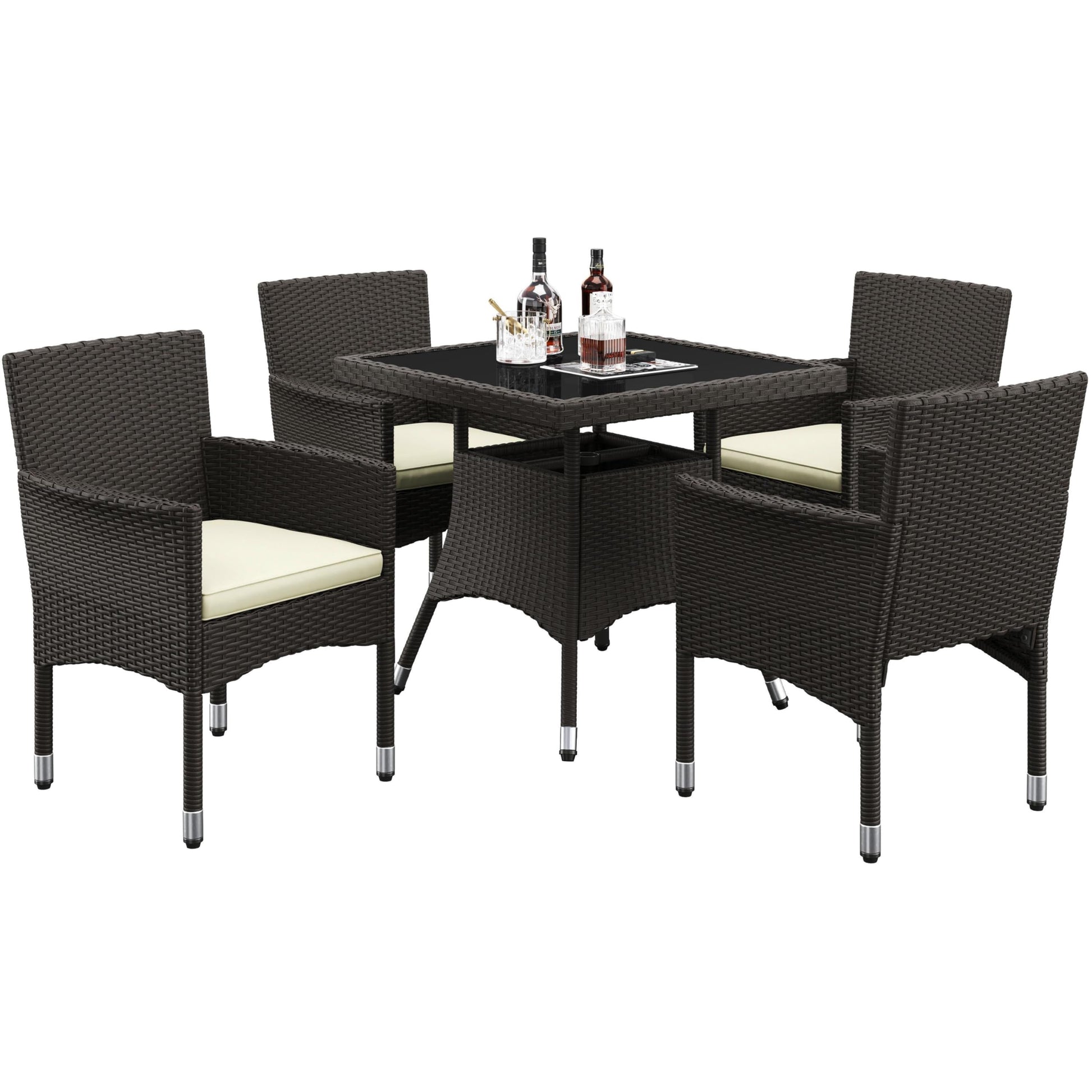 Yaheetech 5-Piece Patio Furniture Set, Outdoor Rattan 4 Dining Chairs & Tempered Glass Table with Umbrella Hole, for Garden Backyard Deck Balcony, Brown/Beige - CookCave