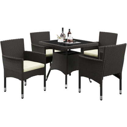 Yaheetech 5-Piece Patio Furniture Set, Outdoor Rattan 4 Dining Chairs & Tempered Glass Table with Umbrella Hole, for Garden Backyard Deck Balcony, Brown/Beige - CookCave